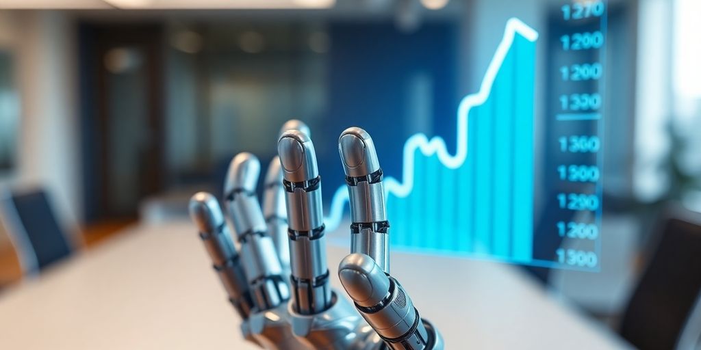 Robot hand holds glowing stock chart.