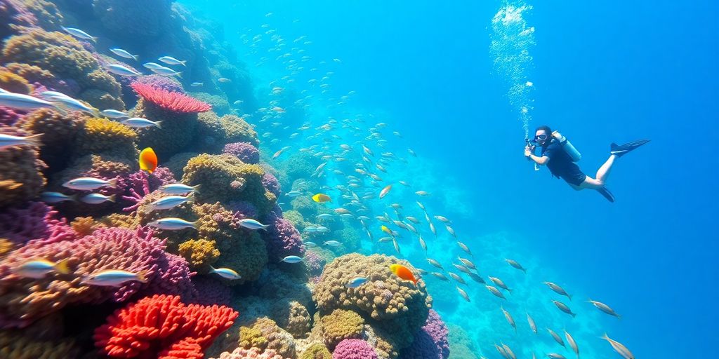 Diver surrounded by vibrant coral reefs and diverse marine life.