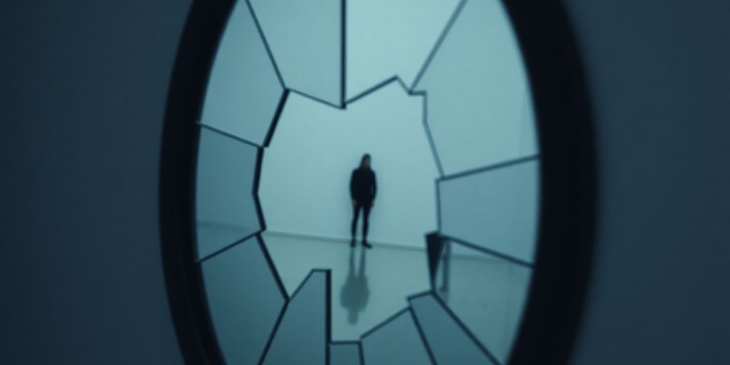 Close-up of a broken mirror with a solitary figure.