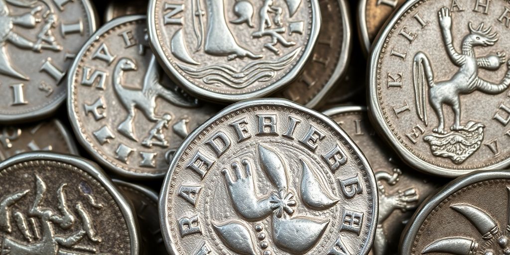 Gros plan sur des pièces d'argent anciennes et brillantes.