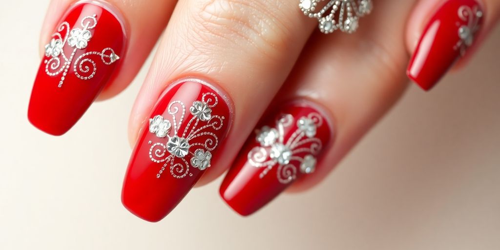 Unhas vermelhas decoradas com designs elegantes e brilhantes.