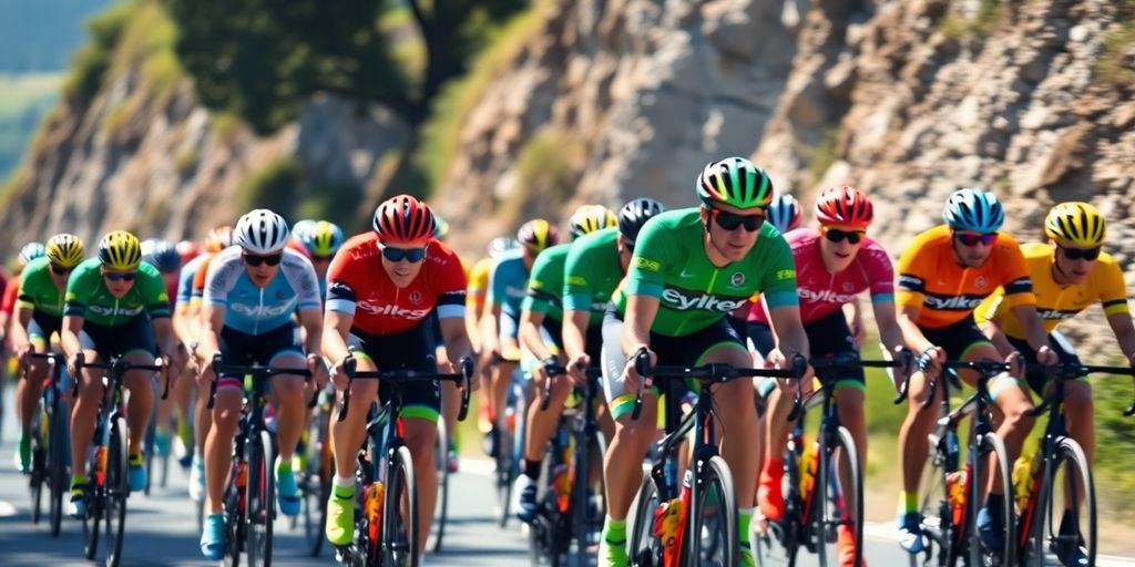 Cyclistes en peloton, maillots colorés, en pleine course.