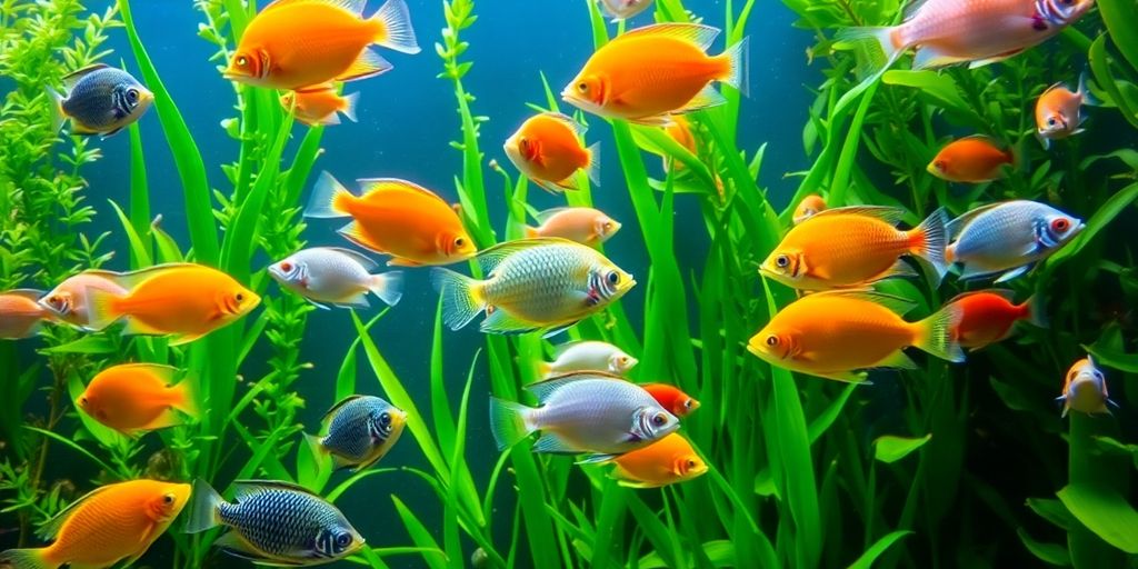 Makukulay na freshwater fish na lumalangoy sa isang nakatanim na aquarium.