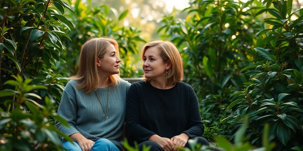 Two people talking peacefully in a calm park.