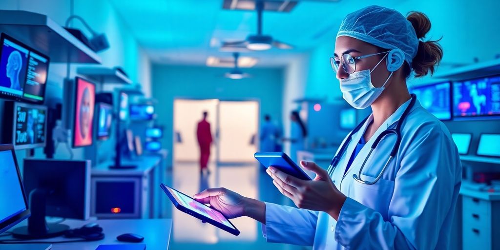 Healthcare professional utilizing advanced digital health technology.