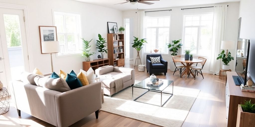 Modern remodeled living room with stylish furniture and decor.