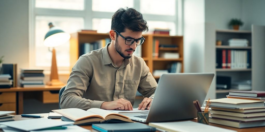 Student preparing for a PhD dissertation defense in study.