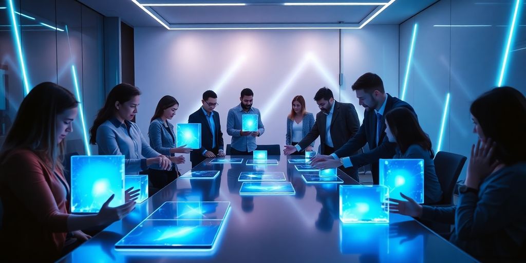Professionals interacting with glowing blue holographic interface in modern office