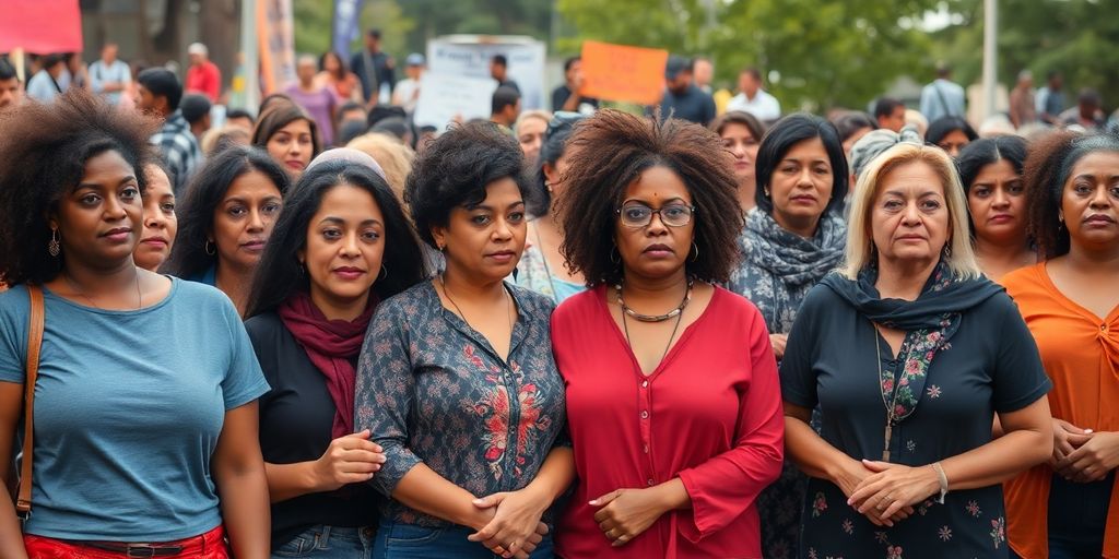 Diverse women united against femicide in community gathering.