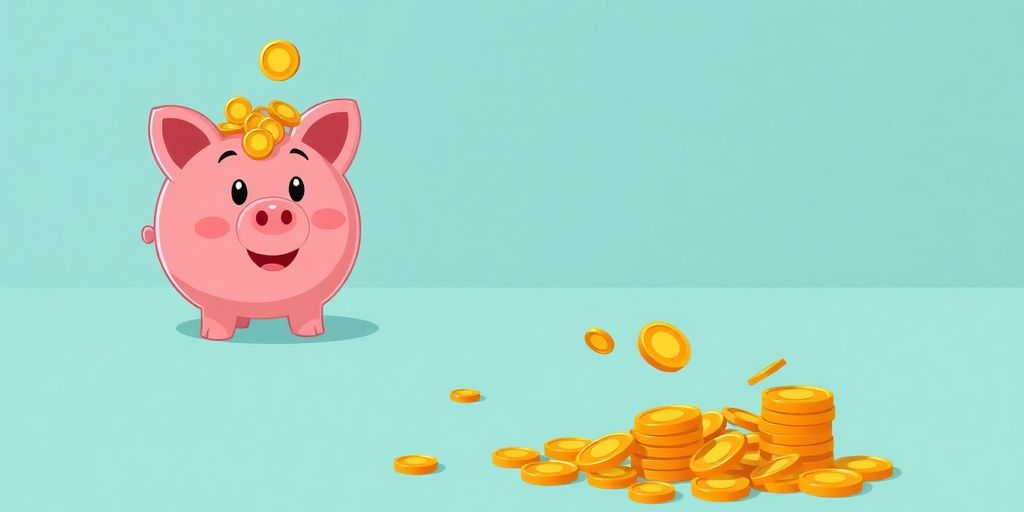 Cartoon piggy bank overflowing with coins, some coins falling out.