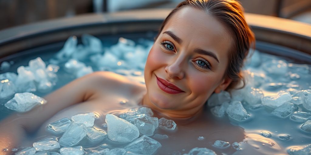 Woman in cold plunge tub, serene expression.