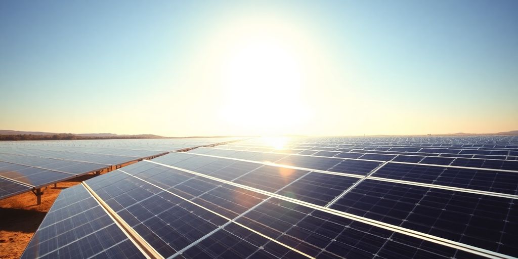 Panneaux solaires sous un ciel bleu éclatant.