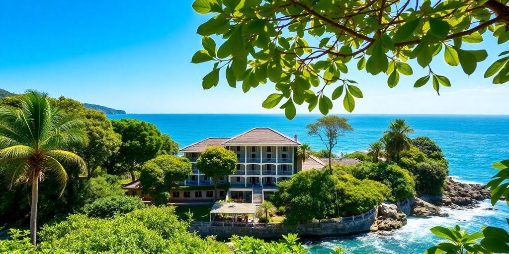 Cheung Chau Hotel with ocean view and tropical surroundings.
