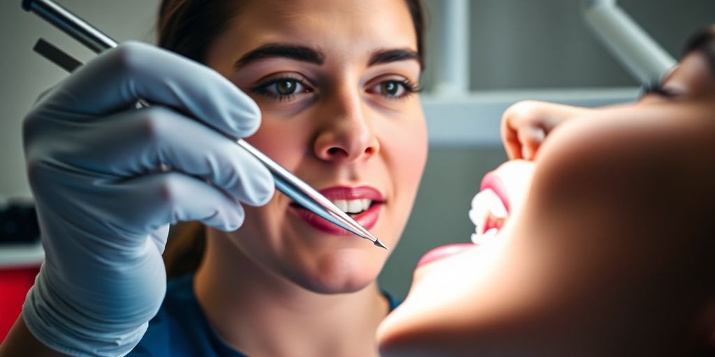 Dentist and assistant examining patient's teeth