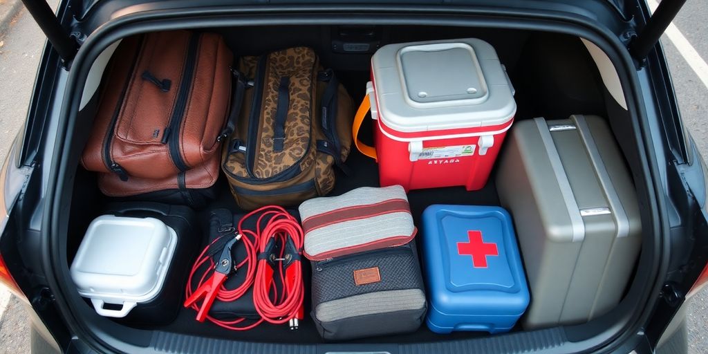 Car trunk packed with road trip essentials