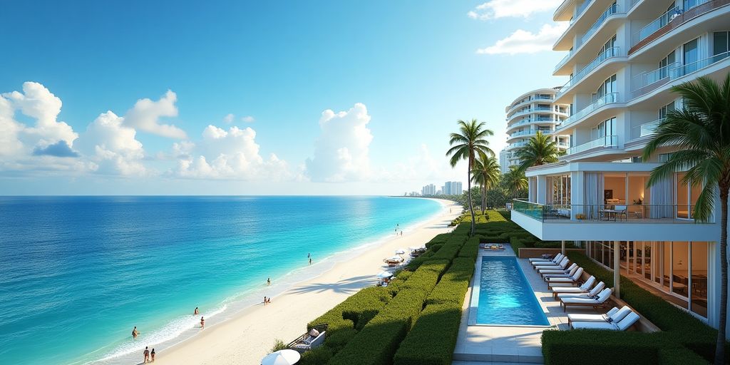 Luxurious Bal Harbour condos with ocean views and palm trees.
