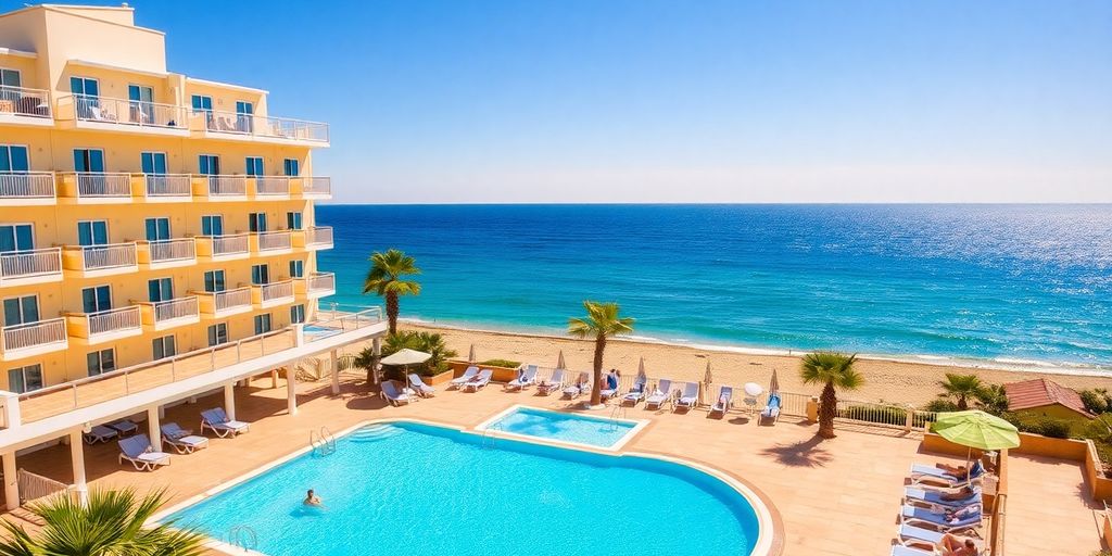 Hôtel abordable avec piscine et plage ensoleillée.