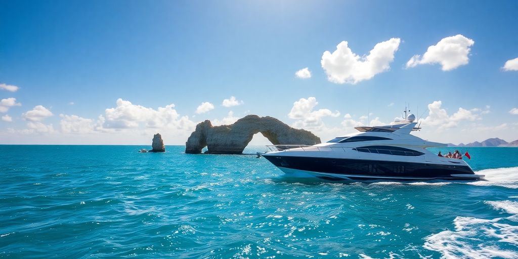 Yacht cruises past Cabo Arch, clear blue water.