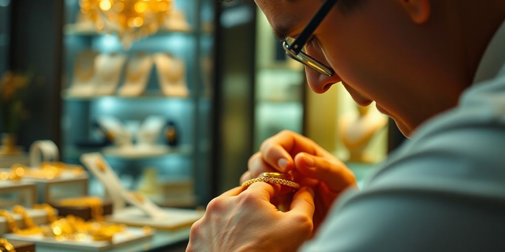 Bijoux en or examinés par un professionnel dans une bijouterie.