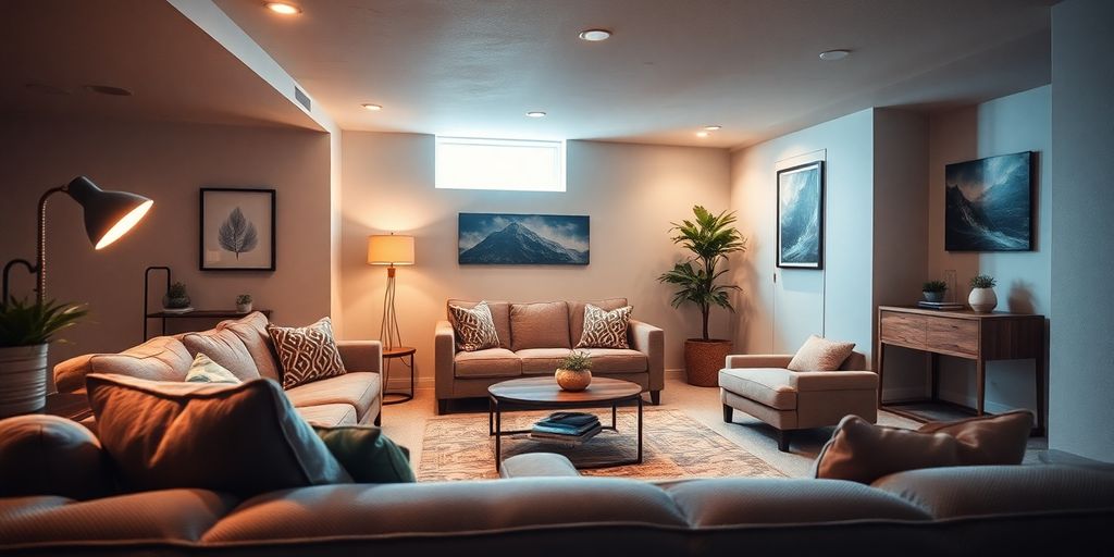 Modern basement living area.