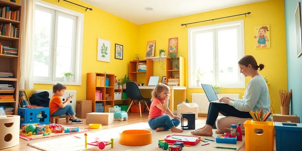 Parent working at home with kids playing nearby.
