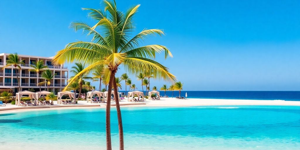 Luxurious resort with ocean view and palm trees.