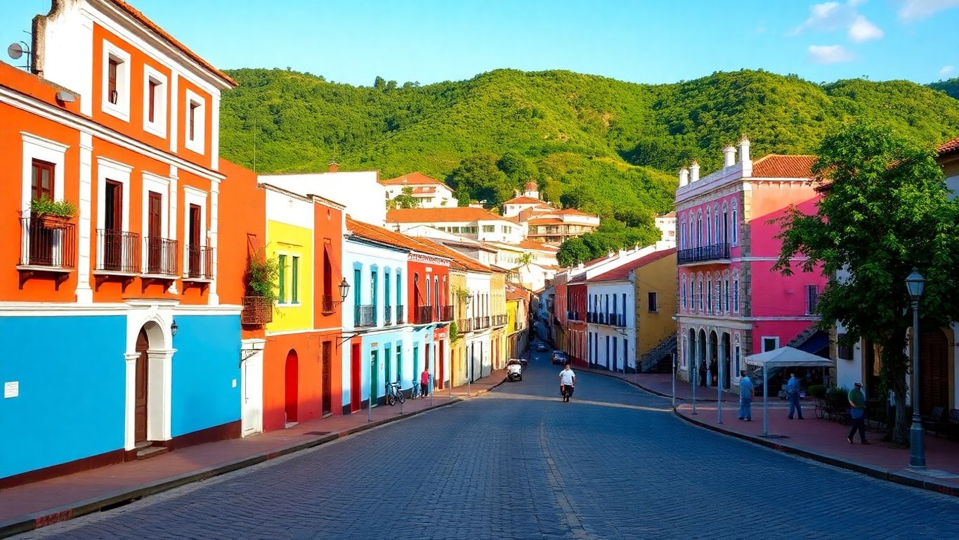 Cidade colonial com arquitetura histórica e ruas de pedra.