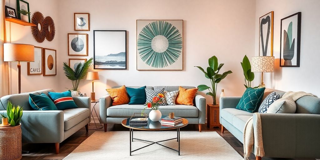 Stylish living room with trendy home decor elements.