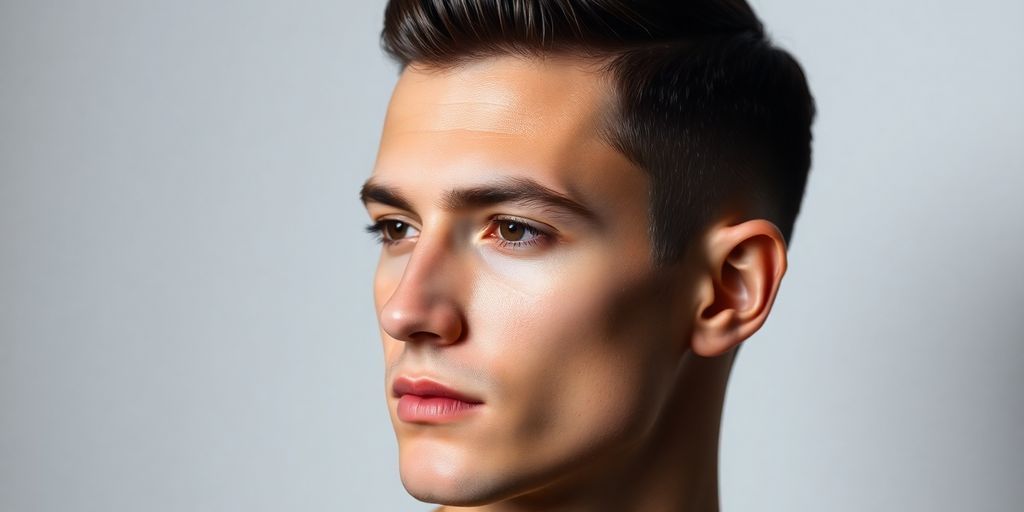 Stylish man with a clean minimalist haircut in soft lighting.
