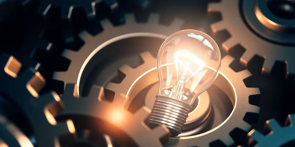 Gears meshing with a bright light bulb.