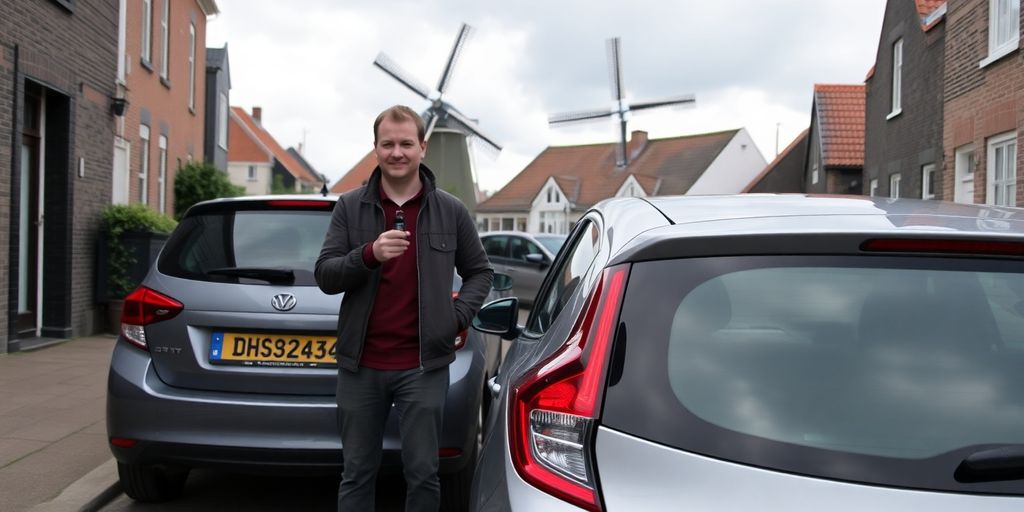 Buitenlandse automobilist bij Nederlandse auto, grachtenhuis en molen op straat