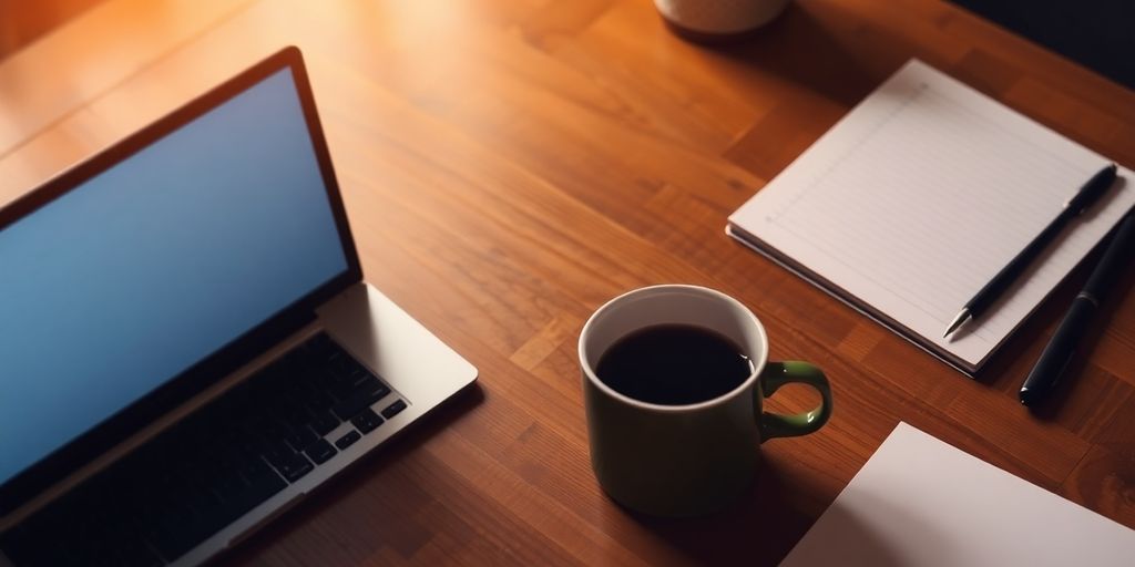 A workspace with a laptop and notepad on a desk.