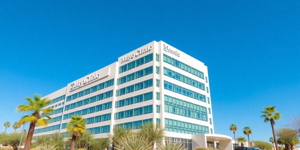 The modern Mayo Clinic building in Phoenix under a clear sky.