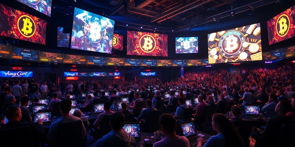 Gamers competing in an esports arena with cryptocurrency elements.