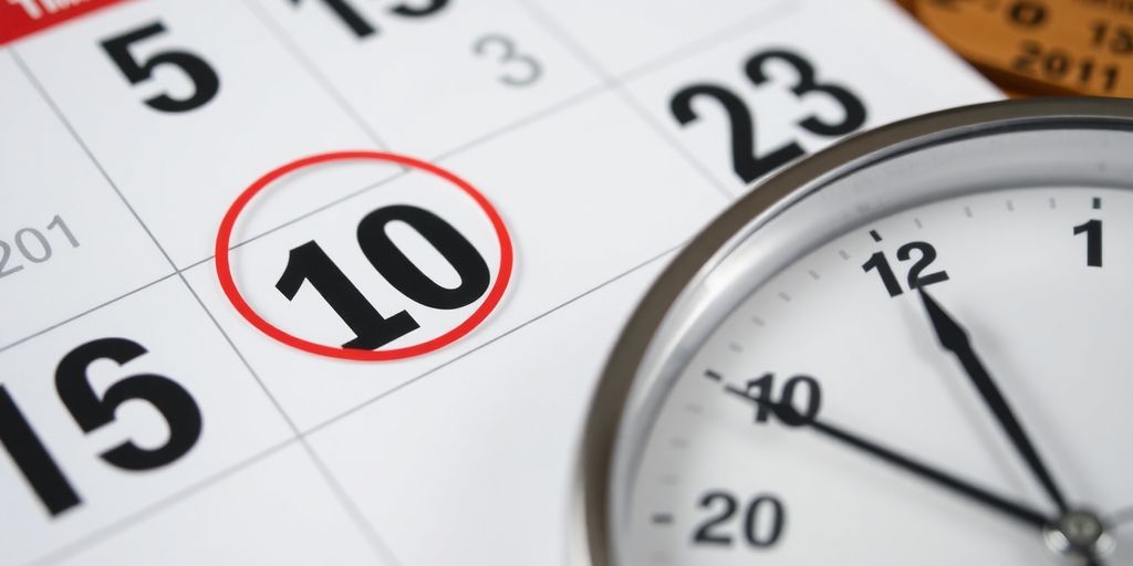 Calendar page with a marked date and a ticking clock.
