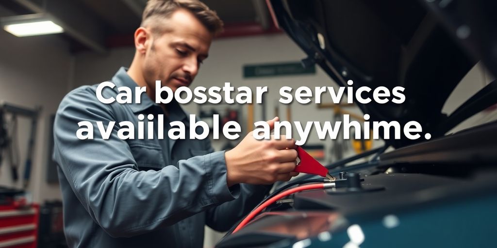 Mechanic boosting a car battery in a garage setting.