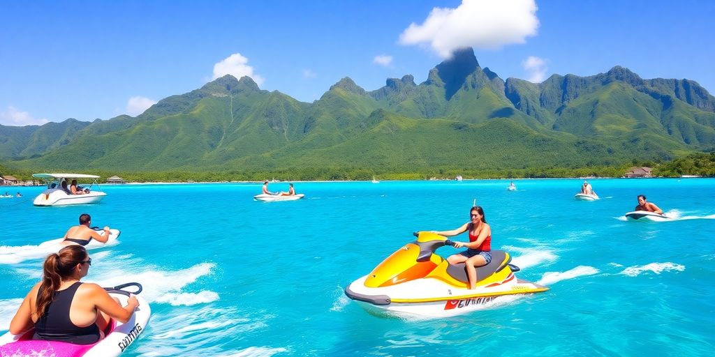 Touristen genießen Wassersport in den klaren Gewässern von Bora Bora.