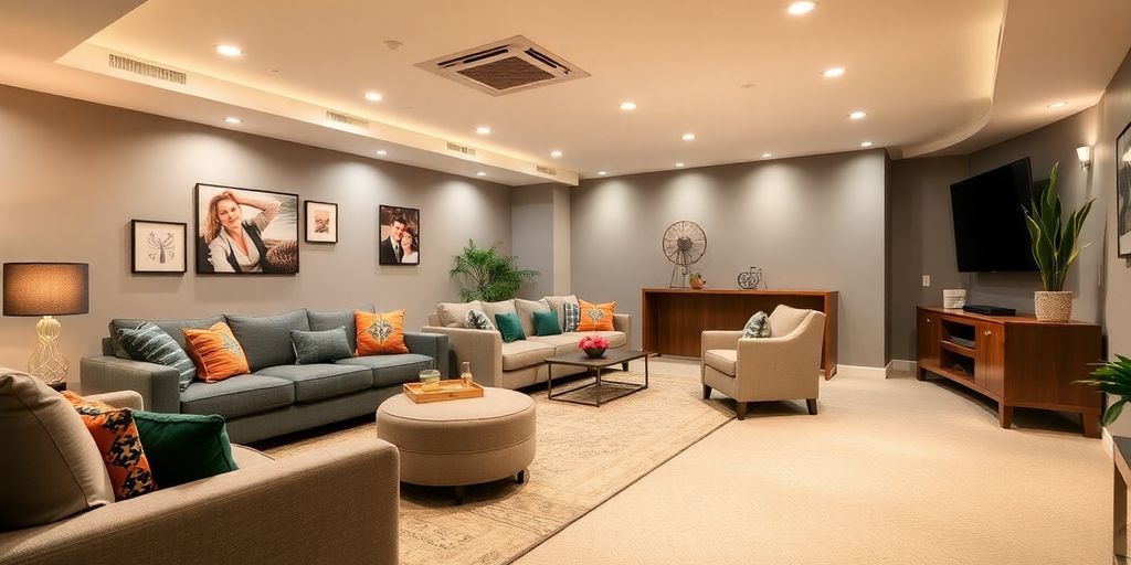 Cozy and modern basement interior with stylish decor.