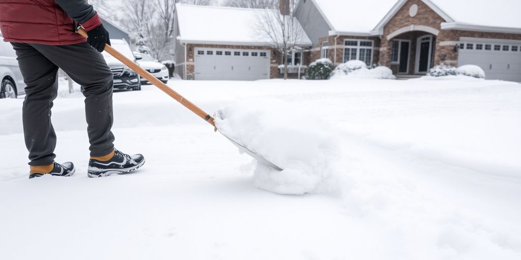 Person shoveling snow from a driveway in winter.
