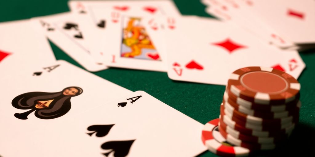 Blackjack cards and chips on a felt table.