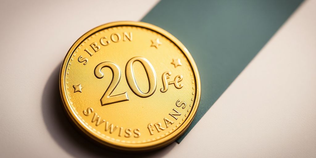 Pièce de 20 francs suisses dorée sur un fond flou.