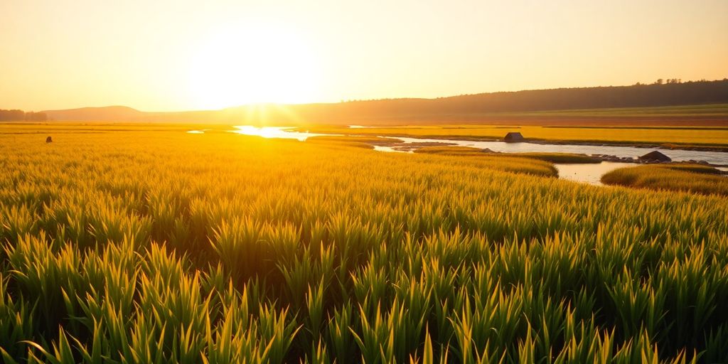 A lush green field under golden sunlight with a stream.