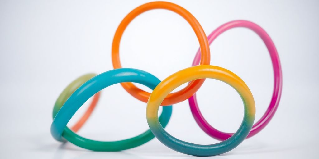 Four colorful interlocking rings forming a complex knot.