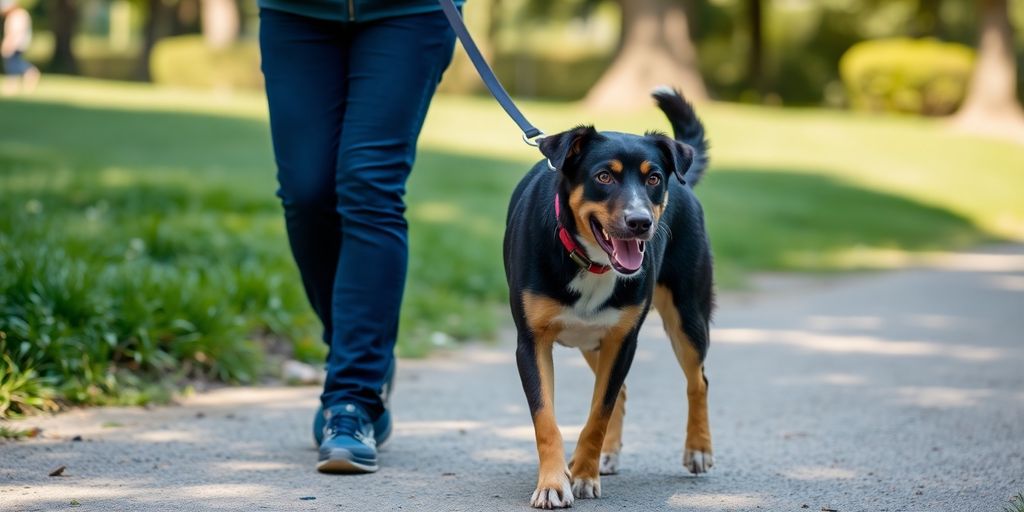 Dog walking on a leash with owner in a park.