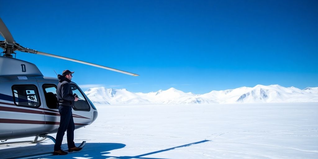 A helicopter and pilot on an Alaskan glacier.