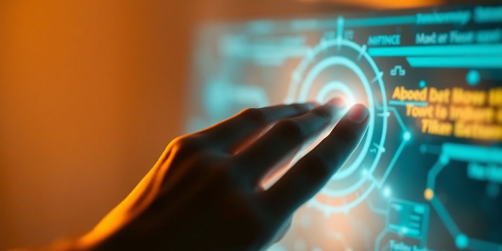 Person interacting with glowing interface.