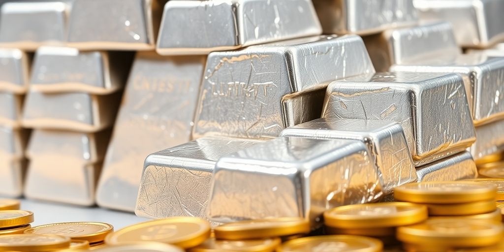 Lingots d'argent et pièces d'or sur fond flou.