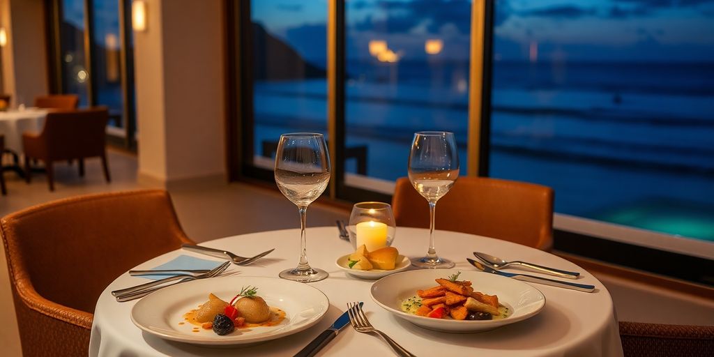 Mesa de comedor elegante con platos gourmet y vista al océano.