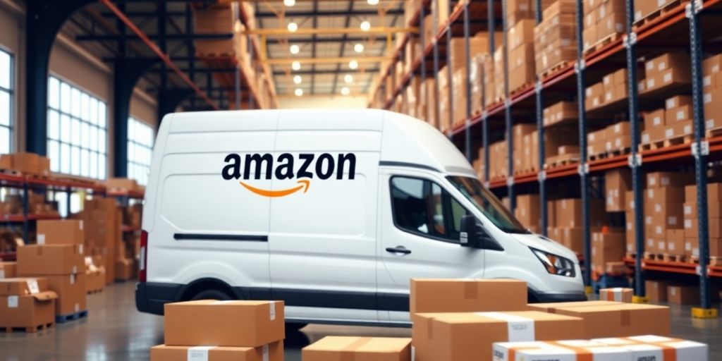 Amazon warehouse with delivery van and packages.