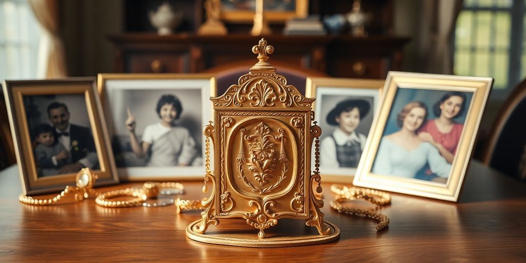 Héritage en or avec des photos de famille autour.